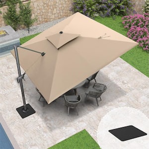 11 ft. Square 2-Tier Aluminum Cantilever 360° Rotation Patio Umbrella with Base in Ground, Beige