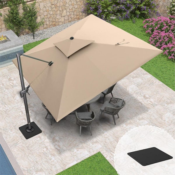 PURPLE LEAF 11 sq. ft. 2-Tier Aluminum Cantilever 360° Rotation Patio Umbrella with Base Plate, Beige