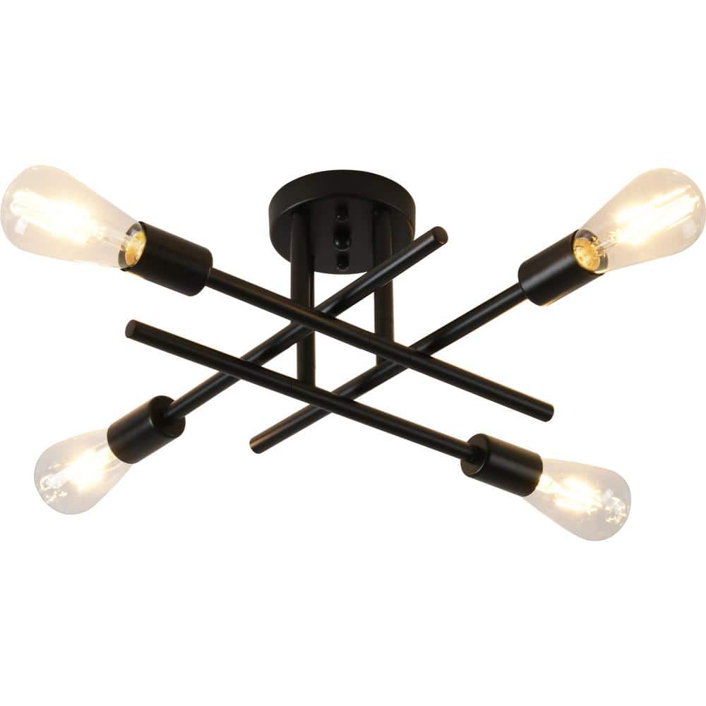 Modern 18.5 in. 4-Light Black Sputnik Linear Semi- Flush Mount Ceiling Ligh