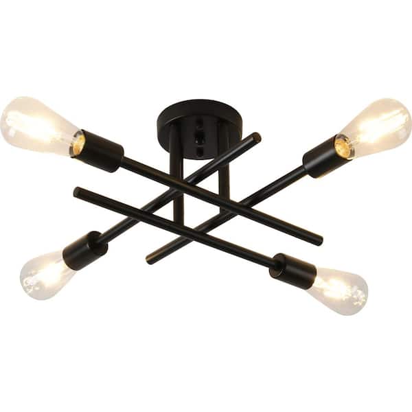 Modern 18.5 in. 4-Light Black Sputnik Linear Semi- Flush Mount Ceiling Lights