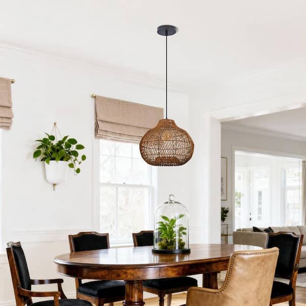 1-Light Warm Natural Handwoven Rattan Pendant Light with Black Iron Frame, Spherical Shade, No Bulbs Included, 14 in.