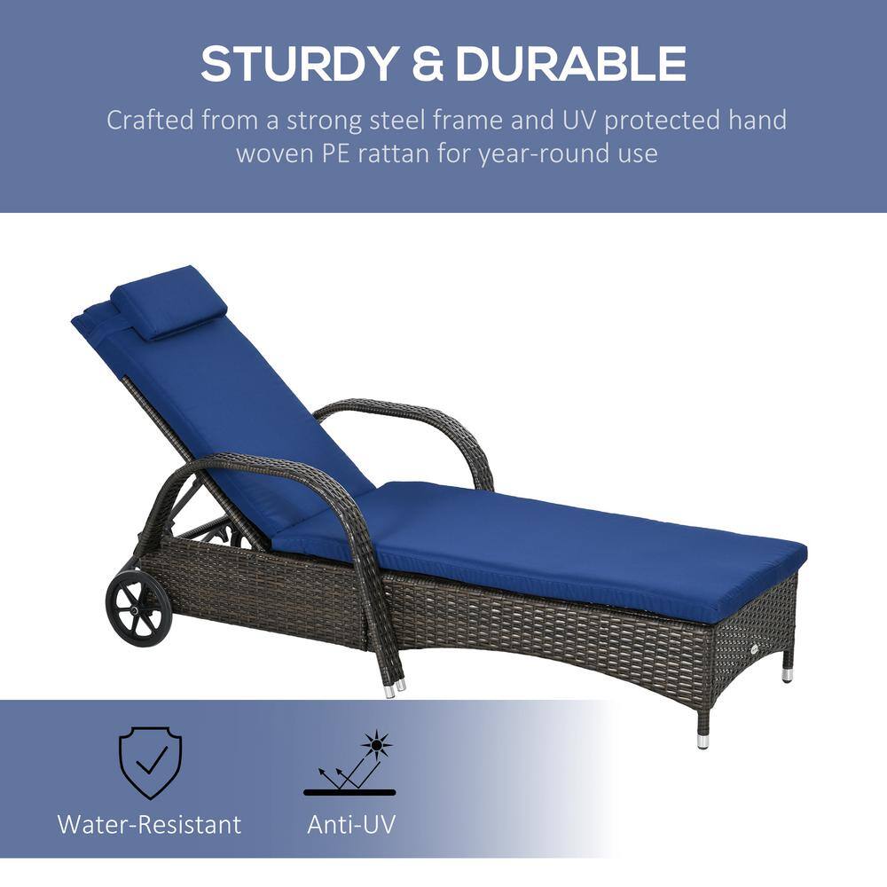 Outsunny Blue Cushioned Wicker Chaise Lounge Set with Adjustable Backrest