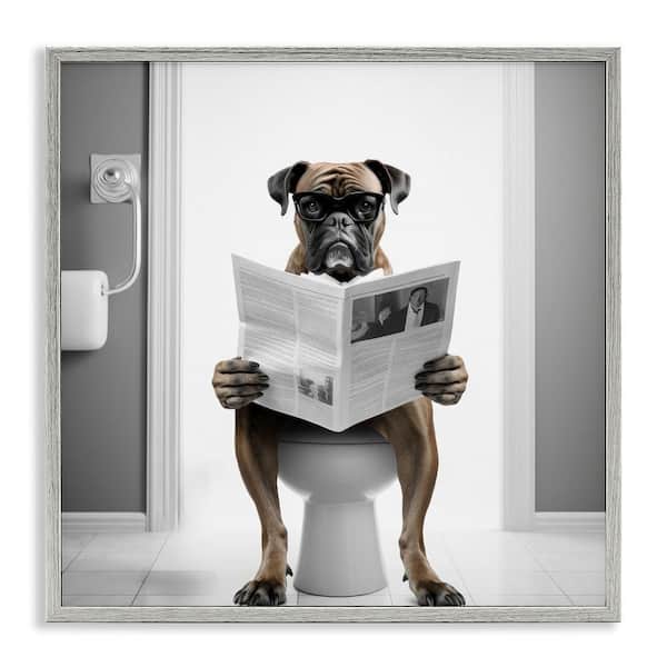 Stupell Industries Boxer Dog and Newspaper by Lazar Studio 1-Piece Gray Framed Animal Giclee Art Print 12 in. x 12 in.