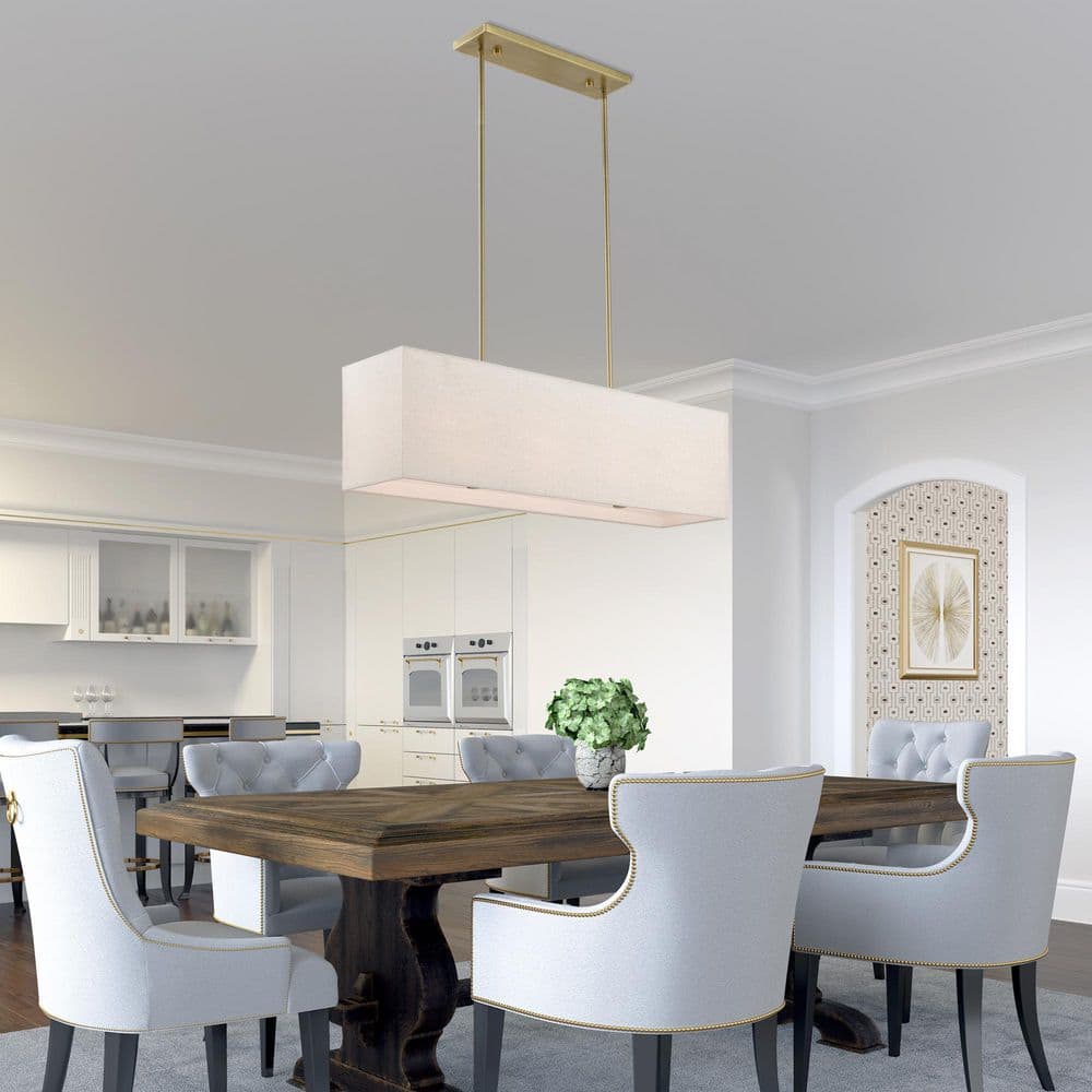 Antique Brass Linear Chandelier with Oatmeal Fabric Shade