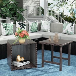 Hudson Chocolate 2-Piece Wicker Outdoor Square Side Table Set