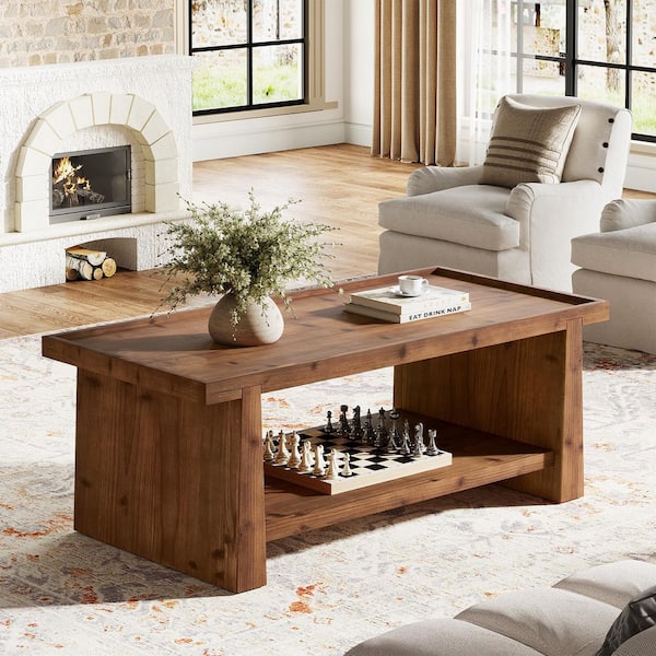Allan 47.2 in. Brown Rectangle Solid Wood Farmhouse Coffee Table Center Table with Storage for Living Room, Apartment