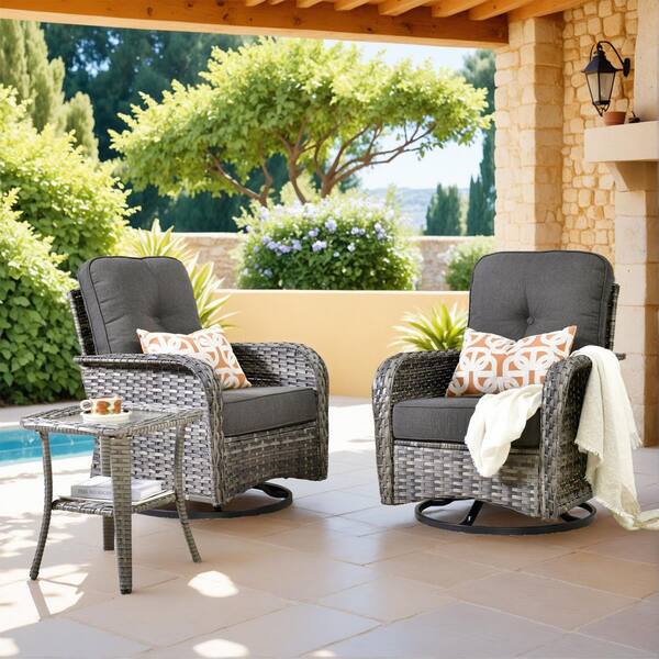 Toject Galene Gray 3-Piece Wicker Outdoor Patio Conversation Swivel Rocking Chair Seating Set with Black Cushions