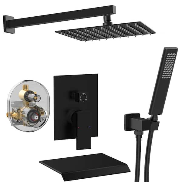 Fapully 10 in. Single Handle 3-Spray Tub and Shower Faucet with 2.5 GPM with Shower Head in Matte Black (Valve Included)