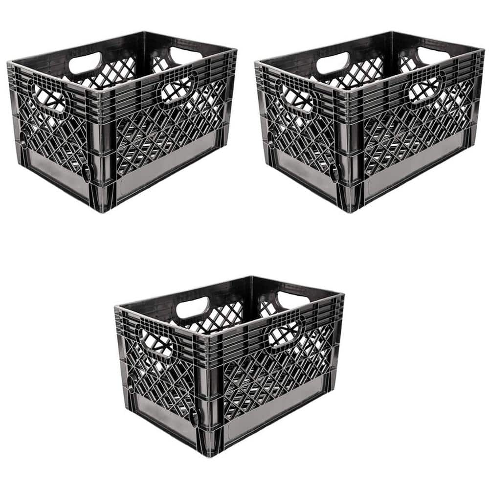 Heavy Duty Black Stackable Storage Crate with Handles, 3 Pack