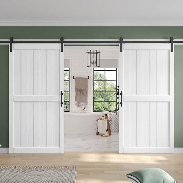 84 in. x 84 in. (Double 42 in doors) White Paneled H Shape Solid MDF Sliding Barn Door with Hardware Kit
