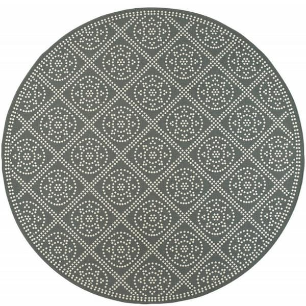 Gray, Ivory 8 ft. x 8 ft. Loomed Geometric Polypropylene Round Indoor/Outdoor Area Rug