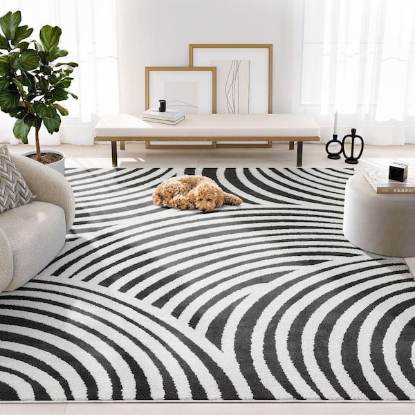 Nomad Cream Black 7 ft. 9 in. x 10 ft. 2 in. Linear Curves Polypropylene Area Rug
