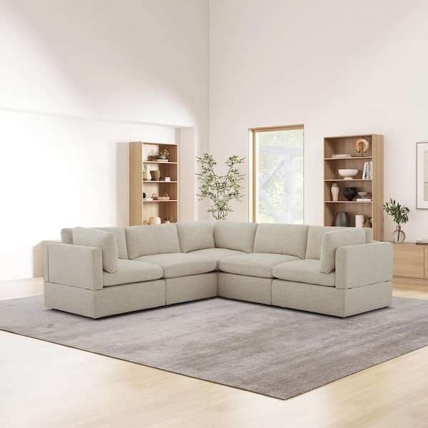 Thorton 105 in. Modular Track Arm Peformance Fabric 5 Piece Sectional Sofa in Wheat Beige