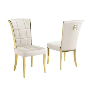 Alondra Cream Velvet Fabric Side Chairs Set of 2 With Gold Chrome Legs And Back Ring Handle