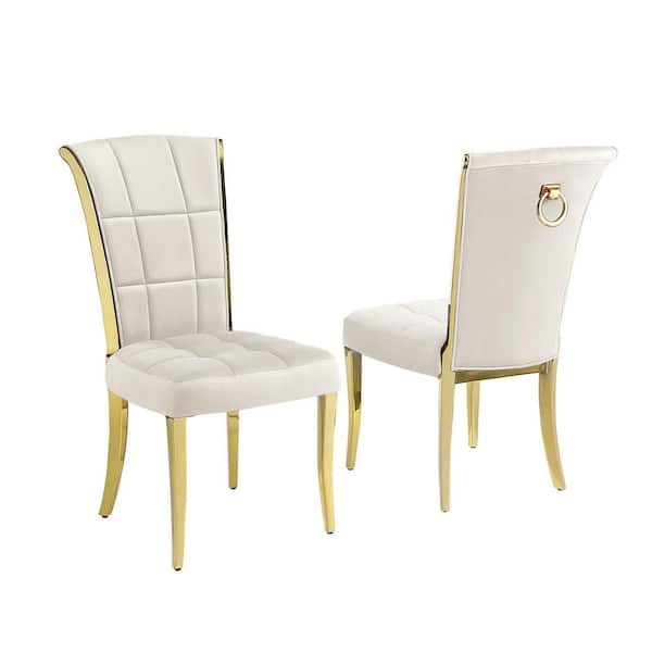 Best Quality Furniture Alondra Cream Velvet Fabric Side Chairs Set of 2 With Gold Chrome Legs And Back Ring Handle