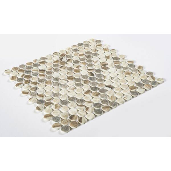 Dexo Noel Gray/Tan/Brown 4.5 in. x 8.25 in. Penny Round Smooth Glass Mosaic Tile Sample