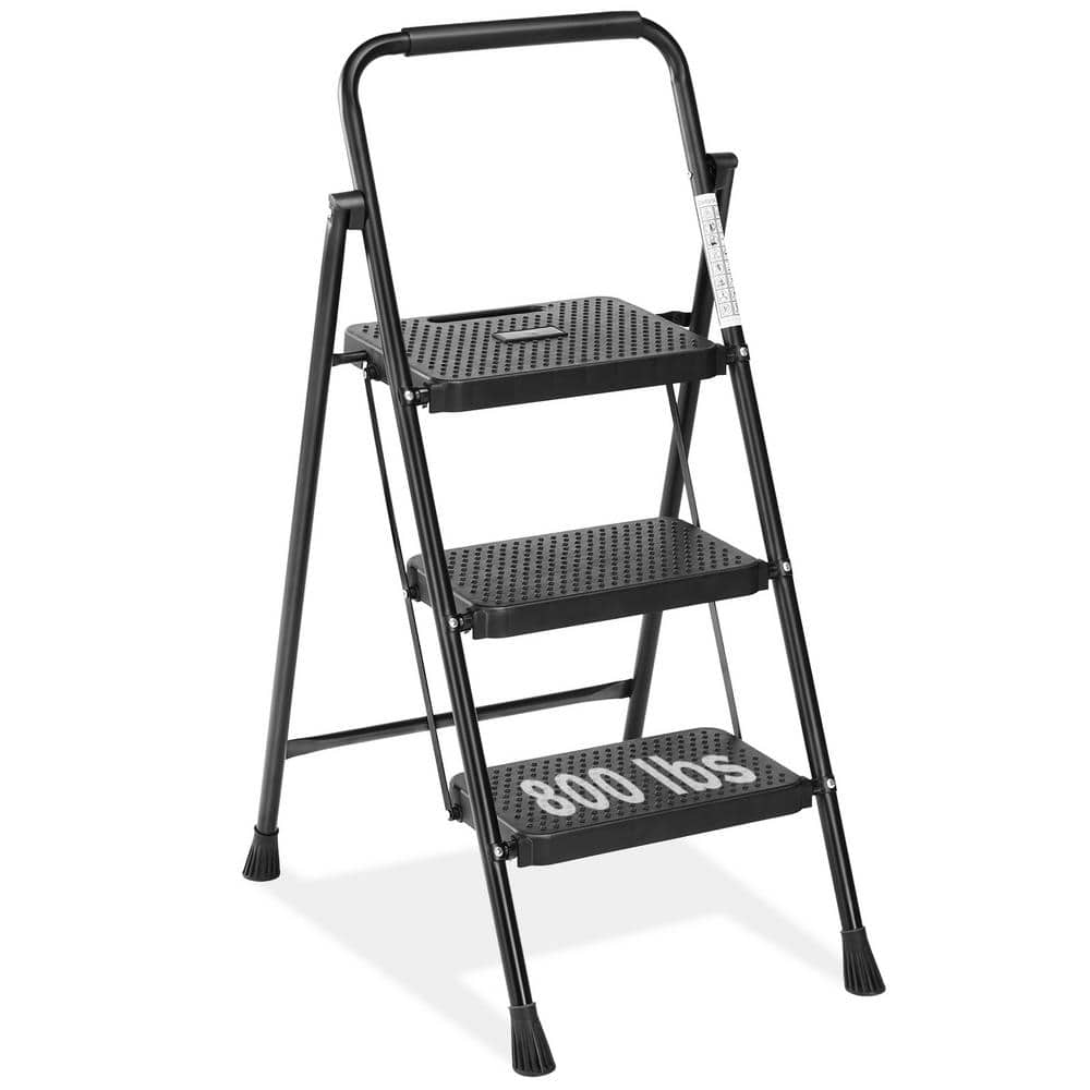 Tidoin 34 Ft Black Steel Folding 3 Step Ladder 6 Ft Reach 800 Lbs Load Capacity Ladder Yd 1157