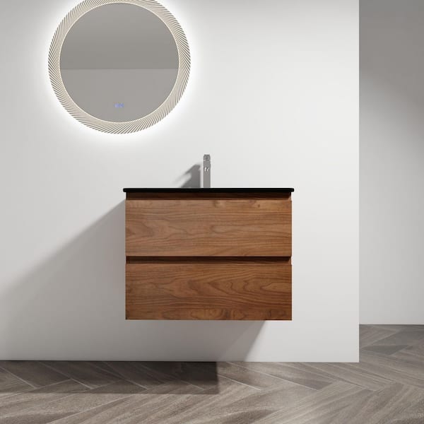 30 in. W x 18.3 in. D x 20.5 in. H Wall-Mounted Bathroom Vanity in Brown Oak with Black Ceramic Top