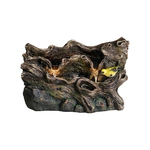 Concrete Outdoor Fountain -Woodland Tree Trunk Water Feature with LED Light&Birds for Garden, Lawn, House, Office Decor