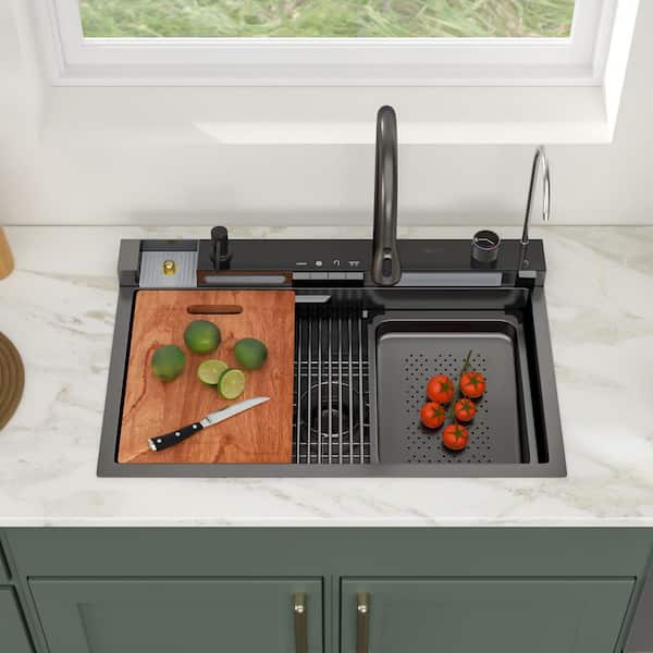 30 in. Drop-in Single Bowl 16-Gauge Gunmetal Black Stainless Steel Workstation Waterfall Kitchen Sink with Faucet Combo