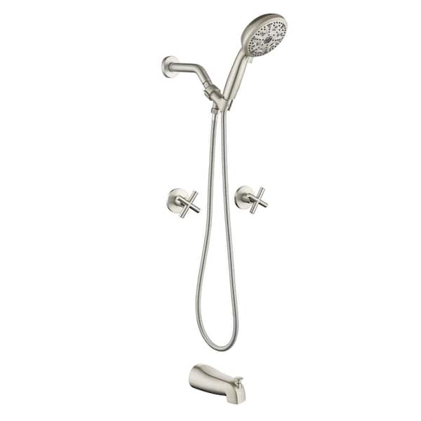 FORCLOVER Double Handle 10-Spray Tub and Shower Faucet 1.8 GPM with 10 in. Handheld Shower Head in Brushed Nickel Valve Included