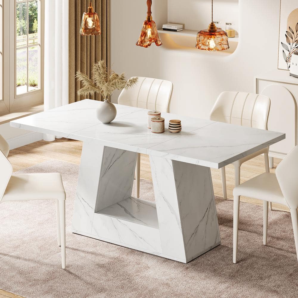 White Faux Marble Rectangular Dining Table with Trapezoidal Base
