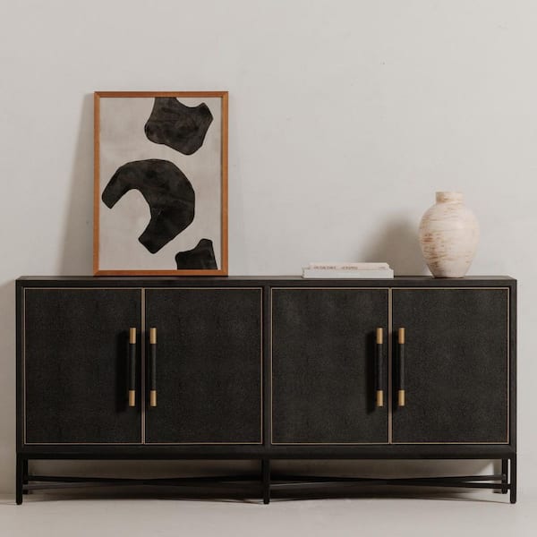 Vaughn Black Vegan Leather Wood Buffet with Brass Legs and Shagreen Texture