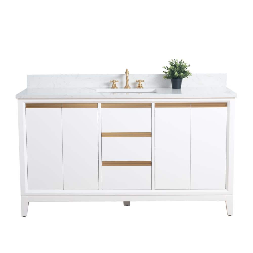 60" White Poplar Wood Single Bathroom Vanity with Marble Top