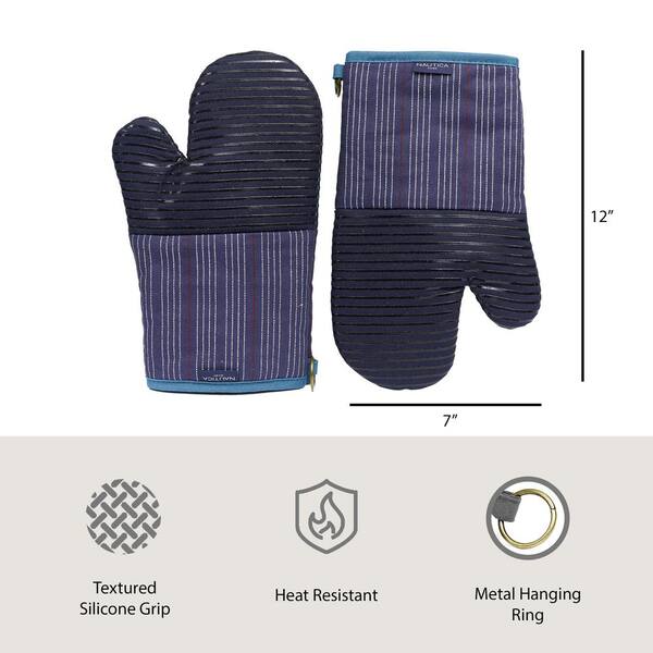 Nautica Home Navy Striped 100% Cotton Oven Mitts with Silicone Grip (Set of 2)