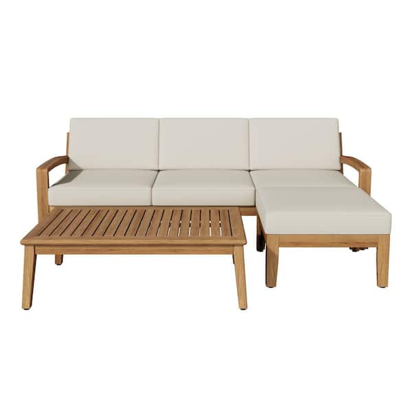 Teak Acacia Wood Outdoor  L Shape Patio Sofa Set with Beige Cushion