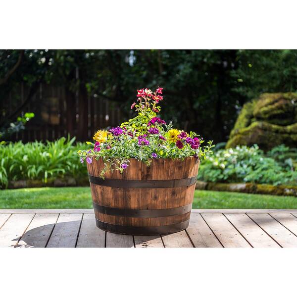 Wine Barrel Planter Whiskey Oval Garden Pots Cedar Set Of 4 Rustic Planters Deck 