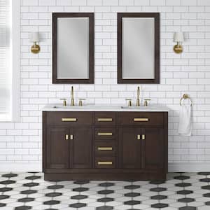 Chestnut 60 in. W x 21.5 in. D Vanity in Brown Oak with Marble Vanity Top in White with White Basin and Mirror