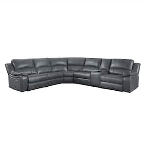 Clayton 135.5 in. Straight Arm 6-piece Faux Leather Modular Power Reclining Sectional Sofa in Gray