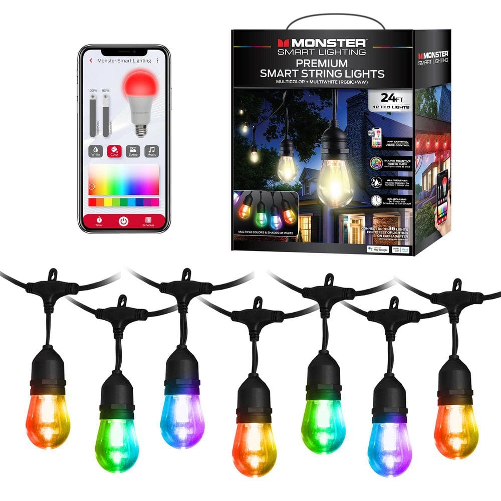 12-Light Dimmable Integrated LED Multicolor Smart String Lights, Sound Reactive, Chandelier for External Lights