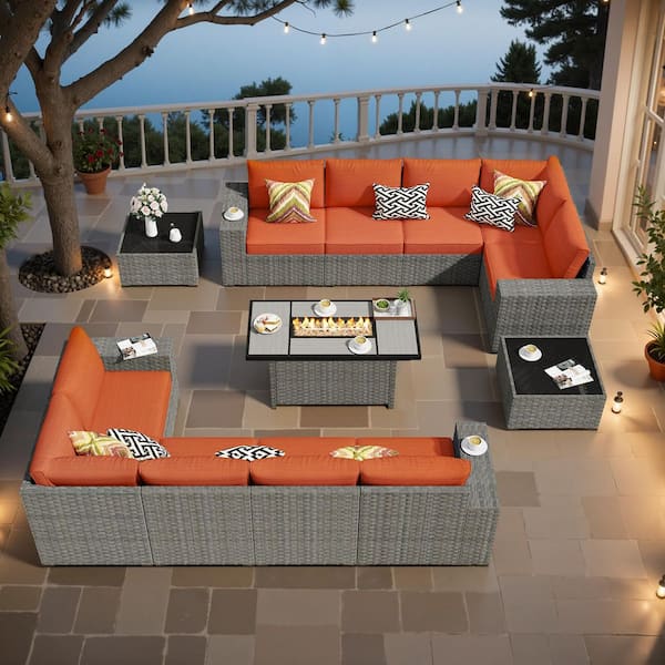 Aestheticism 13-Pieces Wicker Outdoor Patio Rectangular Fire Pit Set with Orange Red Cushions