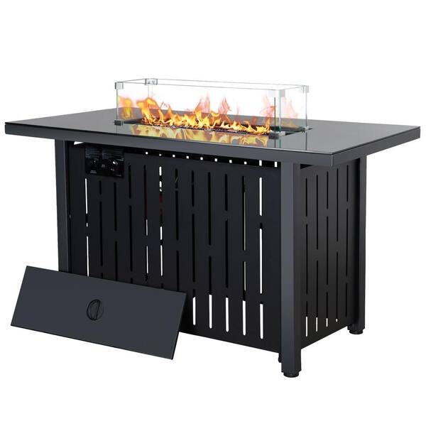 URTR Black Rectangle Metal Propane Outdoor Dining Table Patio Gas Fire Pit Table with Lid, Glass Beads and Glass Wind Guard