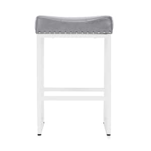 24 in. Light Gray Brown Metal Counter Stool with Faux Leather Seat Backless Bar Stools (Set of 3)