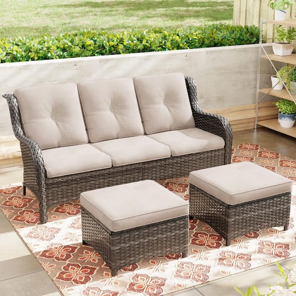 JOYSIDE Wicker Outdoor Patio Sofa Sectional Set with Beige Cushions and Ottoman