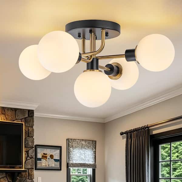 HUOKU Ceder 5-Light 21.3 in. W Black and Brass Semi-Flush Mount