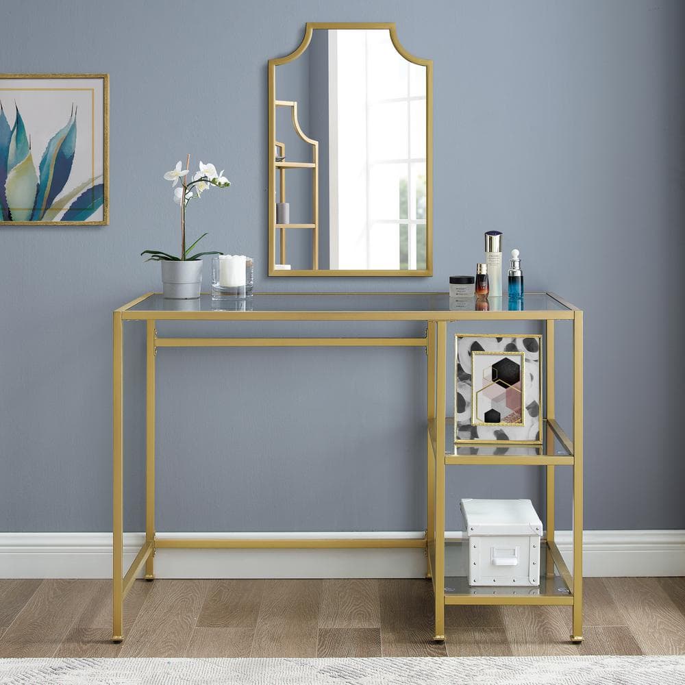 Sleek Gold-Frame 46" Glass-Top Modern Desk/Vanity