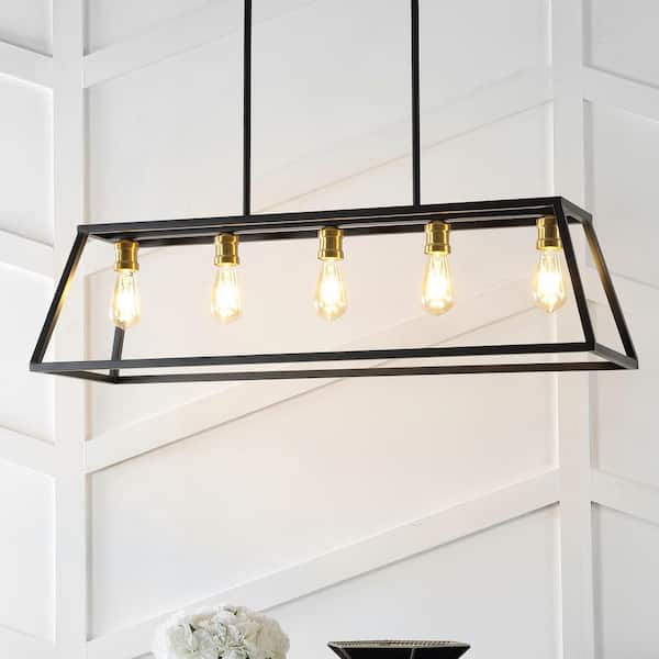 JONATHAN Y Floyd 38 in. 5-Light Black Bohemian Farmhouse Iron Adjustable LED Pendant, Brass Gold