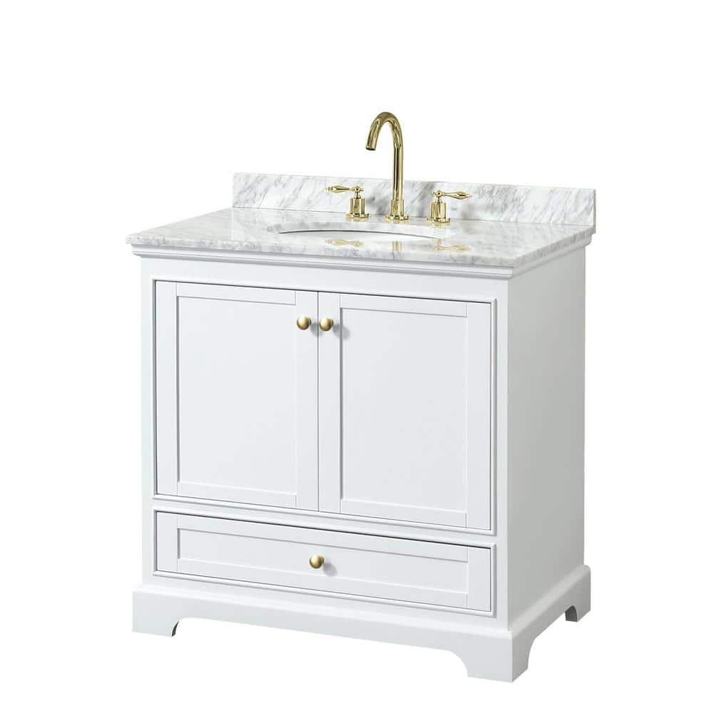 Deborah 36" White and Gold Single Bathroom Vanity with Marble Countertop