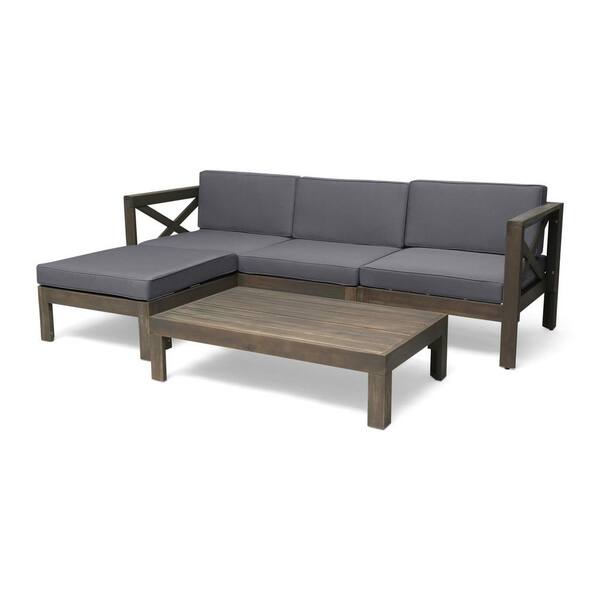 Anky 5-Piece Wood Patio Conversation Sectional Seating Set with Dark Gray Cushions, with Ottoman and Coffee Table