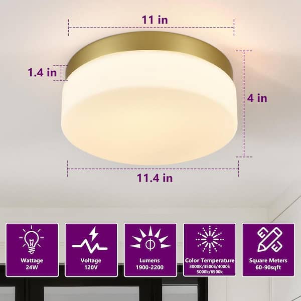 GMGSROM 11.4 in. LED Gold Flush Mount With Milky White Glass Shade