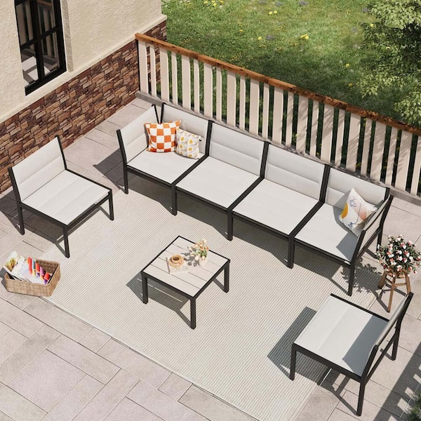Zeus & Ruta 7-Piece Black Aluminum Outdoor Patio Conversation Set with 1-Square Coffee Table in Gray White