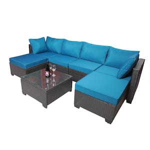 7-Piece Black Wicker Outdoor Sectional Conversation Sofa Set with Blue Removable Cushions and Coffee Table