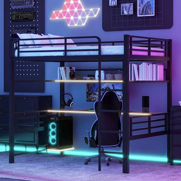 Gaming Style Black Full Size Metal Loft Bed with Built-in Desk, LED Light, Iron Mesh, Computer Host Shelf