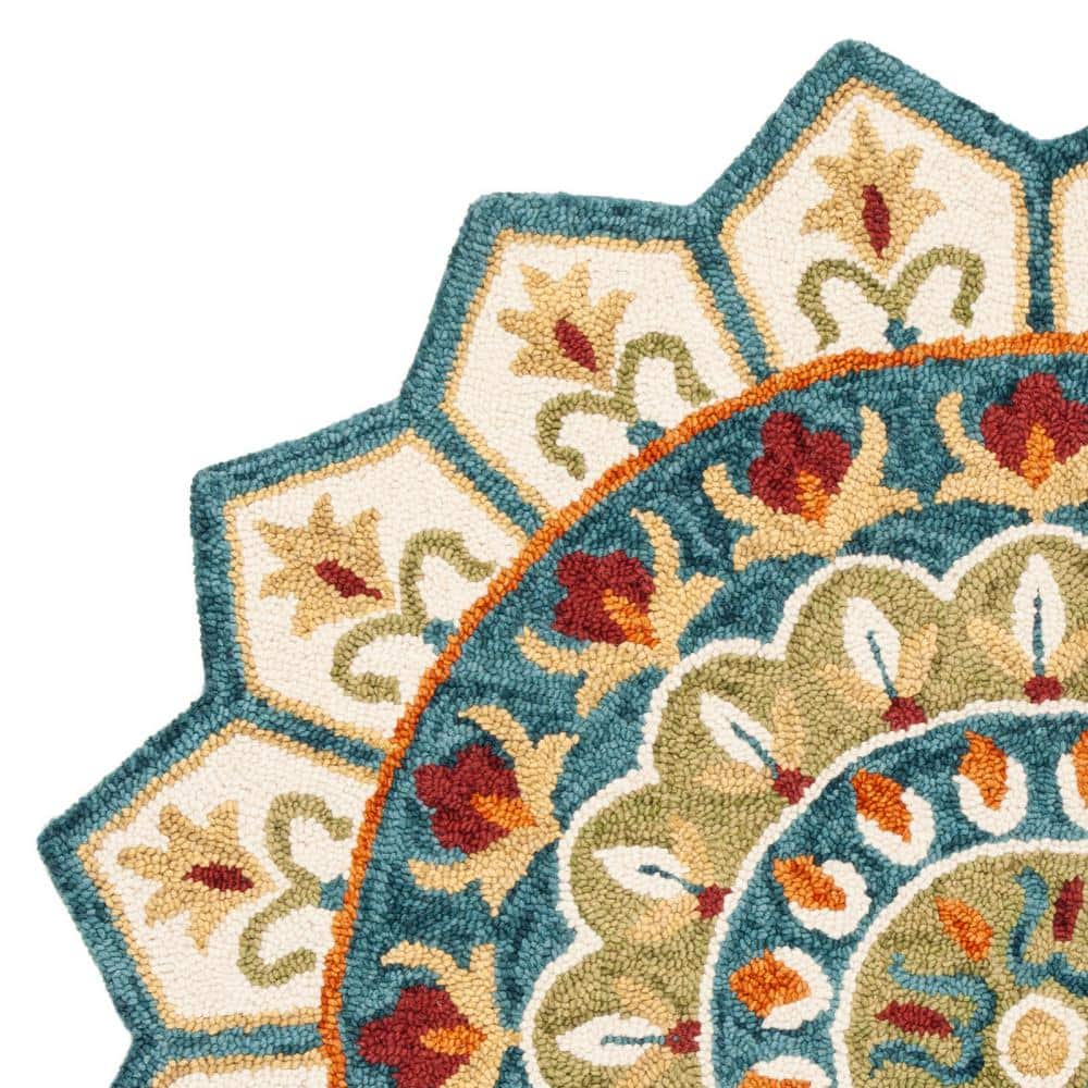 Handmade Blue and Ivory Floral Tufted Wool Round Rug