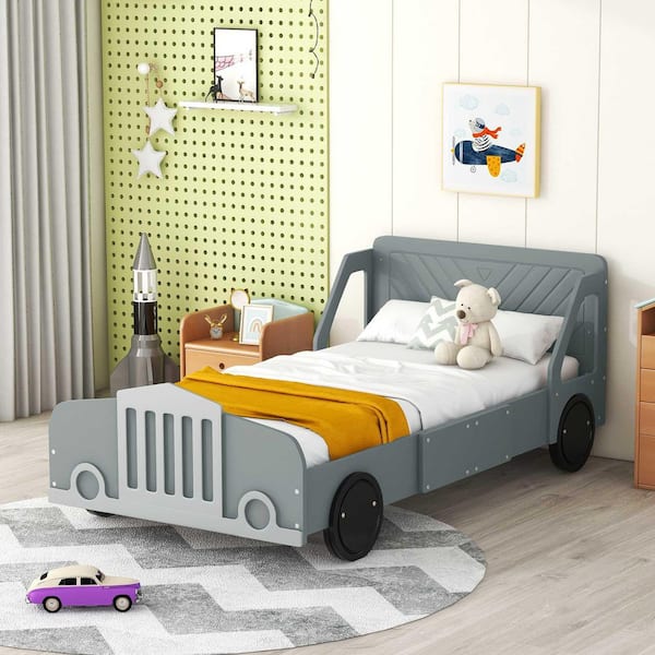 Polibi Gray Wood Frame Twin Size Platform Bed with Wheels