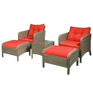 Brown 5-Piece Metal Plastic Rattan Outdoor Sectional Set with Red Cushions and Weather-Resistant Build